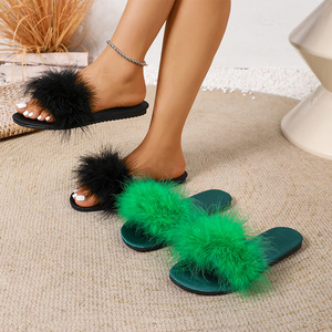 2025 Summer New Korean Style Low-Heeled Sandals Fashionable Internet Celebrity Flat Furry for <strong>Slippers</strong> <strong>with</strong> <strong>Feather</strong> Slip-Ons - Product Image 1