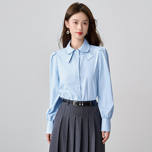 Blue Preppy Style Shirt Women Long Sleeve Puff Sleeve Solid Color Work Blouse Autumn Spring Commute Interview Poplin Fabric - Product Image 1