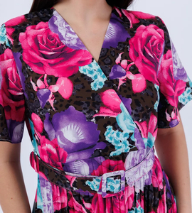 Vendita calda abito da donna con stampa leopardata floreale con scollo a V plissettato con cintura in vita manica corta abito elegante per abbigliamento Casual da festa - Product Image 4