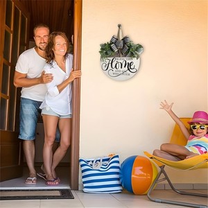 Rustic Artificial Wood <b>Door</b> Sign with <b>Wreath</b> 30cm Modern American Country Welcome Plaque - Product Image 2