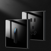 Panel Saklar Kaca Temper Hitam dengan Tombol Piano Berlampu LED Tipe 86 Pemasangan Tersembunyi dengan Soket 5pin 16A