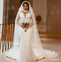 Robe de mariée sirène grande taille 2026, col transparent, manches longues sexy, dentelle perlée, robes de mariée sur mesure, Vestidos De Novia