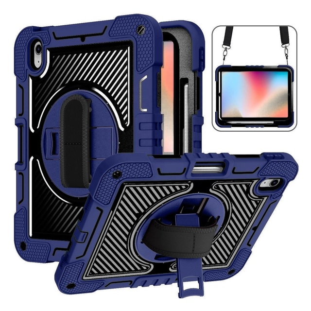 Heavy Duty Full-Body Shockproof Protective Case with Rotating Stand and Hand Strap for iPad (A16) 11th 10th Generation Case