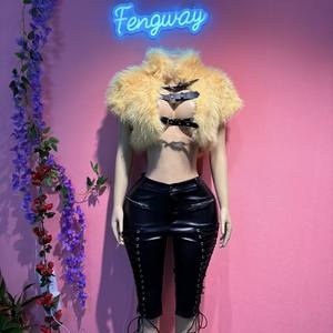 Completo Due Pezzi Sexy da <span class=keywords><strong>Donna</strong></span> con <span class=keywords><strong>Pantaloni</strong></span> <span class=keywords><strong>in</strong></span> Pelle Allacciati e Giacca <span class=keywords><strong>in</strong></span> Ecopelliccia per Outfit da Discoteca - Product Image 4