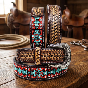 Ceinture en cuir de vachette brodée géométriquement de style ethnique avec boucle western argentée, style décontracté, ceinture en cuir durable - Product Image 2