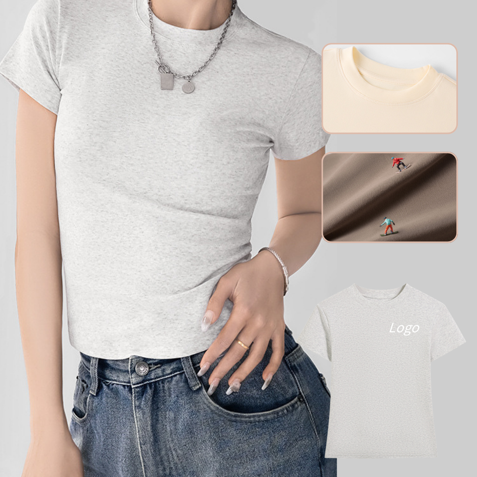 220 Gsm Printed Cotton Trendy Gym Workout Crewneck Slim Fit Crop Tops Top Tees Y2k Clothes Womens Girl Baby Tee