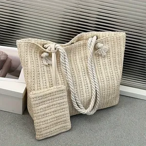 Sac à main de plage d'été fait à la main pour femmes Sac à main en paille décontracté tissé à deux bretelles Grande capacité Sac à bandoulière - Product Image 6