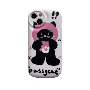 Модный мультяшный милый розовый Кепка Черный кот жидкий силиконовый чехол для мобильного телефона аксессуары чехол для iPhone 11 12 13 14 15 Pro Ma