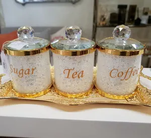 Set Kaleng Gula Teh Kaca Kopi Logam Perak dengan Kaca