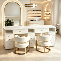 Table de manucure double poste avec aspirateur intégré, bureau à ongles LED avec 2 chaises, plateau en marbre blanc, table de manucure de luxe pour salon
