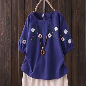 Women's Cotton Linen Embroidered T-Shirt Navy Blue Loose Fit Retro Style Plus Size Short Sleeve Breathable Everyday Wear - Product Image 1