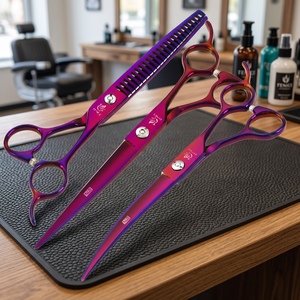 Tijeras de Peluquería Canina Maclura de Acero Inoxidable Ecológicas, Curvas y Rectas, Peine Delineador Morado 440c - Product Image 2