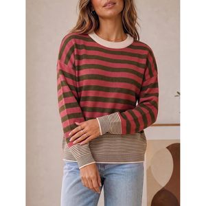 Pull rayé personnalisé pour femme, col rond, manches longues, tricot doux en coton, haut décontracté pour l'automne - Product Image 3