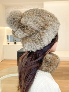 YR752 accepter la fabrication personnalisée de qualité supérieure <span class=keywords><strong>tricoté</strong></span> à la <span class=keywords><strong>main</strong></span> avec un ensemble de foulard et de chapeau en fourrure de lapin véritable élastique - Product Image 5