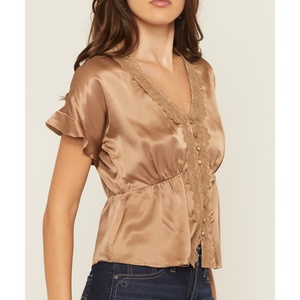 Blusa de Satén con Cuello en V y Manga Corta Personalizada para Mujer, Blusa de Gasa de Color Liso con Encaje, Top OOTD, Venta al por Mayor de Ropa - Product Image 2