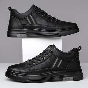 Baskets en cuir noir respirantes pour hommes, chaussures de sport décontractées à enfiler, couleur unie, origine Wenzhou - Product Image 2