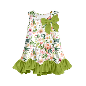 Robe sans manches en soie de lait pour filles, imprimé floral avec nœud et ourlet à volants, robe d'été décontractée pour enfants en bas âge - Product Image 1