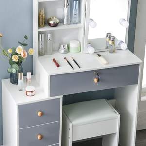 Miroir de <span class=keywords><strong>coiffeuse</strong></span> <span class=keywords><strong>avec</strong></span> panneau en bois et lumières, 4 tiroirs, tabouret rembourré, miroir coulissant, table de maquillage pour filles - Product Image 4