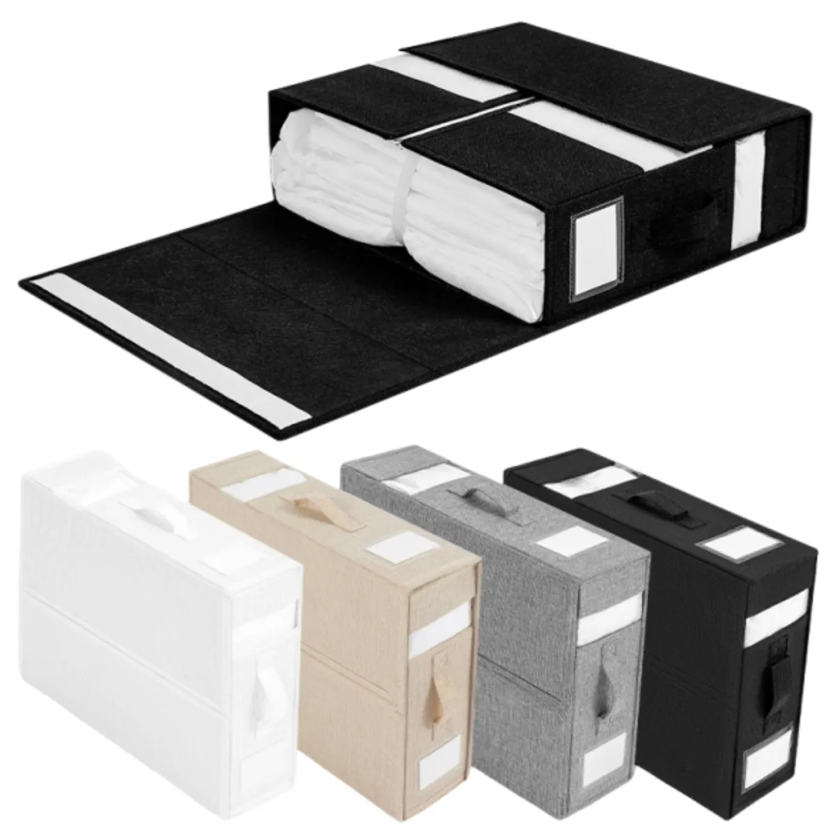 Klappbares Bettlaken-Set Aufbewahrungsbox mit Etikett und Griff für Lattenbezüge Kissenbezüge Kleidung Bettwäsche Unterbett Heimorganizer