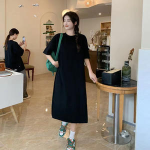 नई ग्रीष्मकालीन प्लस आकार आकस्मिक टी-शर्ट पोशाक मध्य-लंबाई विभाजित छोटी आस्तीन पेट को कवर करते हुए ढीले स्लिमिंग सादे डैड चियन - Product Image 4