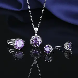 Cheap Fashion Fine Jewelry Set Wholesale Amethyst Purple Stone Ring Necklace Earrings Engagement Jewelry Set for Women