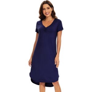 Chemise de nuit personnalisée pour femme en viscose de bambou douce, manches courtes, col rond, robe de pyjama d'été, bleu marine, taille S - Product Image 2