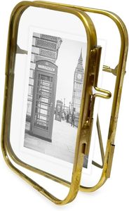 Vintage Style, Round-Edged Brass & Glass Metal Floating Picture <b>Frame</b> with Locket Closure (Vertical), Made for Tabletop Display - Product Image 4