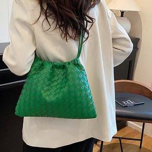 Green Woven Diamond Lattice Crossbody <b>Shoulder</b> Bag Single <b>Strap</b> ZIP Closure Minimalist Style Women's Autumn Winter Fashion PU - Product Image 1