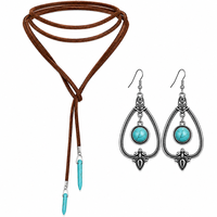 1 ensemble de collier bohème en fausse turquoise et boucles d'oreilles vintage en forme de larme avec cordon en velours coréen pour femmes
