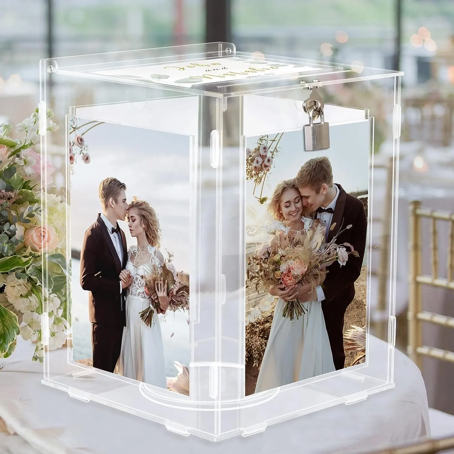 Caja de acrílico para tarjetas de boda con marco de fotos para recepción de bodas, soporte giratorio grande para tarjetas de dinero con cerradura