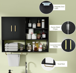 Grand meuble de salle de bain mural en bois avec 2 portes, 4 étagères ouvertes et barre porte-serviettes, noir - Product Image 3