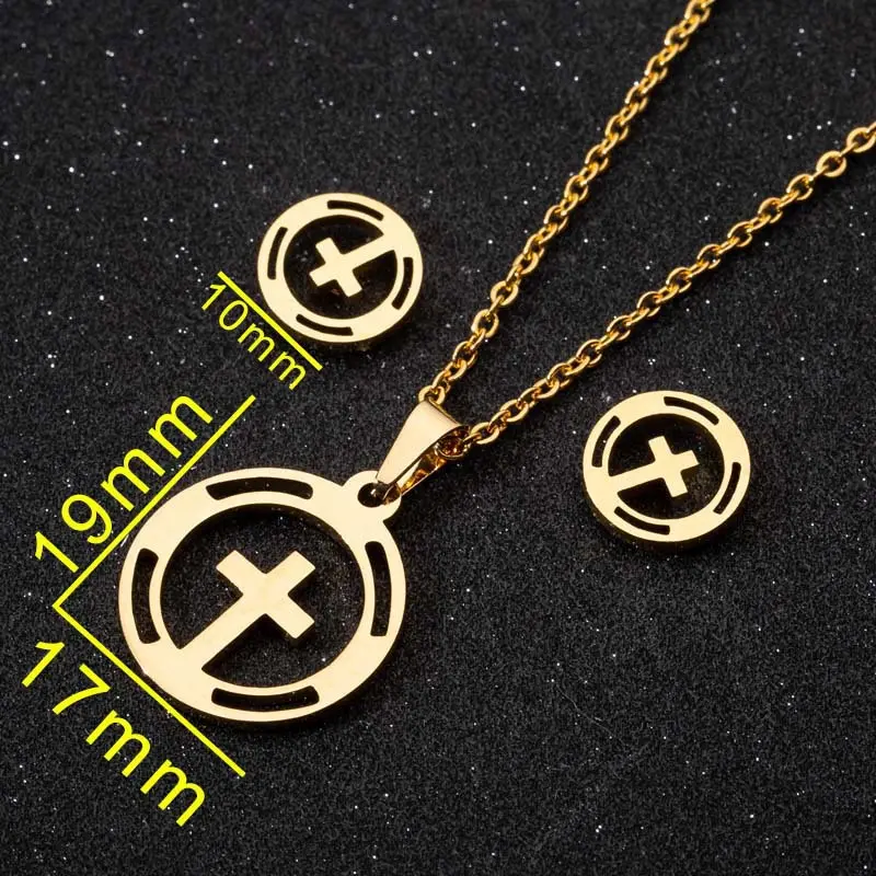New Arrive Gift Cross Necklace Hollow Stainless Steel Stud Earrings Necklace Gold Jewelry Set