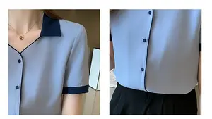 Blusas femininas de chiffon, blusas de manga curta com decote em v, de chiffon, azul, da moda e841