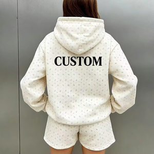 Conjunto de 2 Piezas para Mujer, Sudadera con Capucha y Pantalones Cortos, Beige, Felpa, Casual, Holgado, con Bolsillo, para Primavera/Verano - Product Image 4