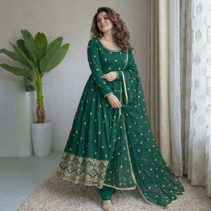 Emerald Green Embroidered Anarkali Suit With Dupatta Floor-Length Traditional Indian Pakistani Women's Wear Fit Party Dress - Product Image 1