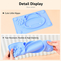 Assiette d'alimentation pour bébé en silicone Hippo 2-en-1 avec ventouse, tapis antidérapant, bol compartimenté, qualité alimentaire sans BPA, vaisselle pour enfants, plateau de sevrage