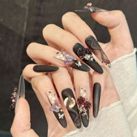 Faux ongles rétro artificiels, longs, forme stiletto, dégradé noir-marron, rose, faits à la main, à presser, avec motif serpent