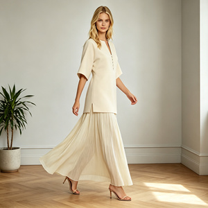 Vestido <span class=keywords><strong>de</strong></span> Dos Piezas Color Albaricoque <span class=keywords><strong>de</strong></span> Alta Calidad <span class=keywords><strong>para</strong></span> Mujer, Vestido Maxi con Cuello en V, Botones al Frente, Plisado, <span class=keywords><strong>Elegante</strong></span>, Minimalista, <span class=keywords><strong>para</strong></span> Vacaciones - Product Image 4