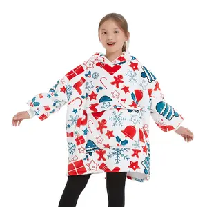 Venta al por mayor niños adultos suave cálido Sudadera con capucha mantas polar Sherpa personalizado impreso de gran tamaño usable Manta con capucha