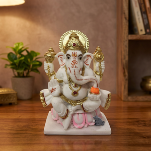 Ídolo Ganpati Bappa de Oro Blanco Sentado sobre una Flor de Loto, 5 Pulgadas, Acabado en Polvo de Mármol, Ganesha Murti para Diwali, Pooja, Templo, Oficina y Escritorio - Product Image 5