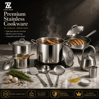 Batterie de cuisine Zhenneng 12 pièces en acier inoxydable 304 – Casseroles, poêles, bouilloire, spatule, louche à soupe, écumoire – Résistant à la corrosion