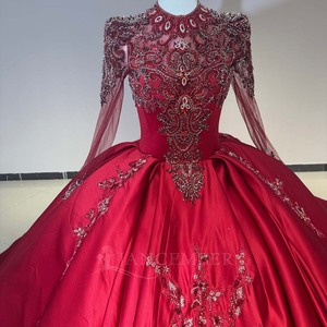Dw0204 Modest Red Evening Dresses Beading Sequin Satin Ball <b>Gown</b> Prom Dress Women Wedding Reception Party Dress Jancemebr - Product Image 4