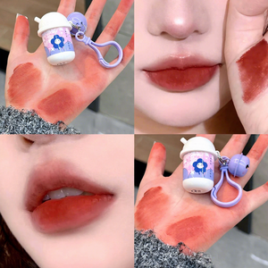 Grosir Mini lucu susu teh cangkir Matte tahan lama Lipgloss Nude lumpur gantungan kunci gadis lipstik Makeup - Product Image 6