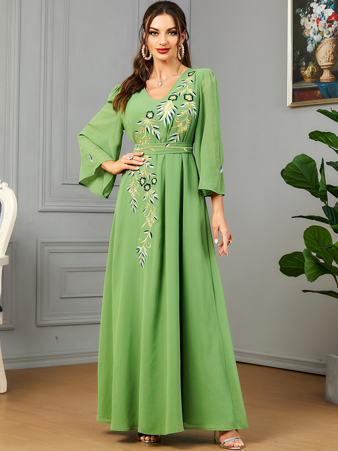 Empire V-neck Green Chiffon Muslim Long Dress for Women, OEM