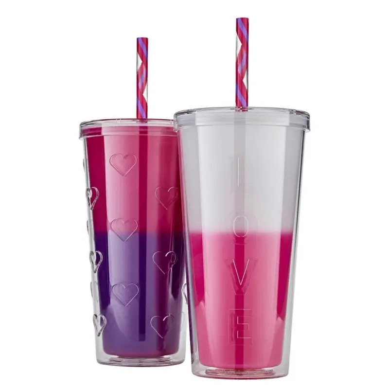 22oz Personalized Reusable Double Wall Straw Tumblers Purple Blue Coffee Water Cup kid Color Changing Magic Plastic Cup With Lid
