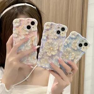 ins Wind Blue Wave Oil painting flowers simple fashion phone case for iPhone15promax 13pro silicone 12 11 for Apple 14promax