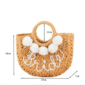 Handwoven Straw Beach Clutch Tote <b>Bag</b> for Women <b>Boho</b> Fashion Pom Pom Polyester Lining Letter Pattern for Wedding Travel Shopping - Product Image 1