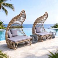 Lit de repos double d'extérieur en rotin Dubai Cabana avec auvent, mobilier de jardin rond en rotin