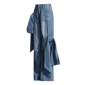 TWOTWINSTYLE all'ingrosso Casual Patchwork Bowknot pantaloni in Denim Jeans a vita alta per le donne