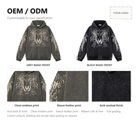 Sweat à capuche zippé personnalisé pour homme OEM ODM, motif imprimé ailes d'ange sur les manches, délavé à l'acide, effet usé, coupe oversize, style streetwear